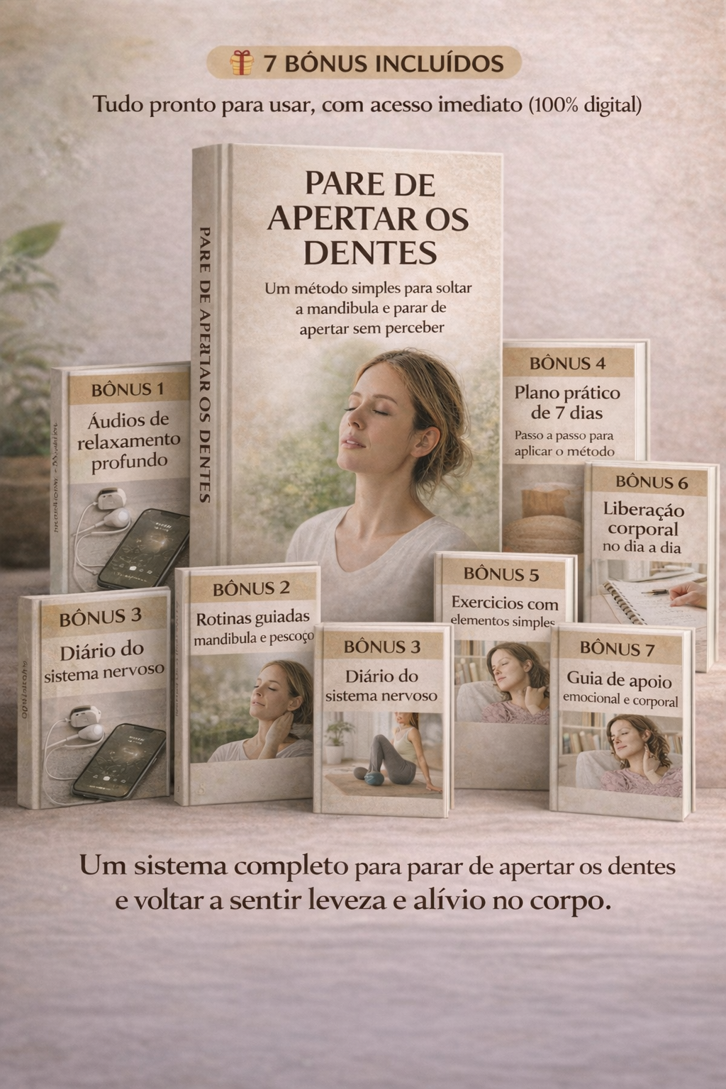 Sistema completo para parar de apertar os dentes + 7 Bônus de Presente (áudios, guias e exercícios diários)